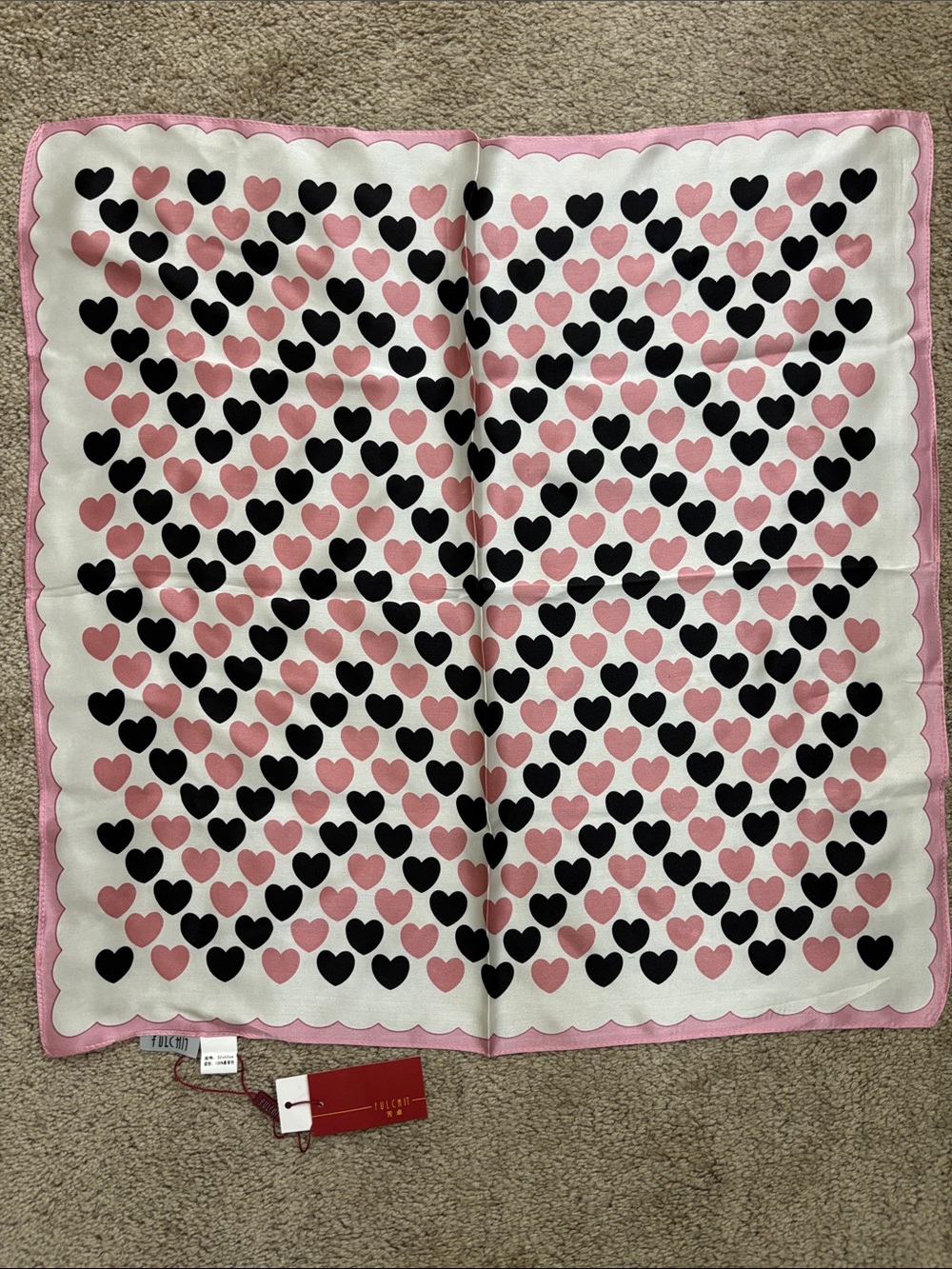 Pink, Black and White Heart-Print 100% Silk Scarf